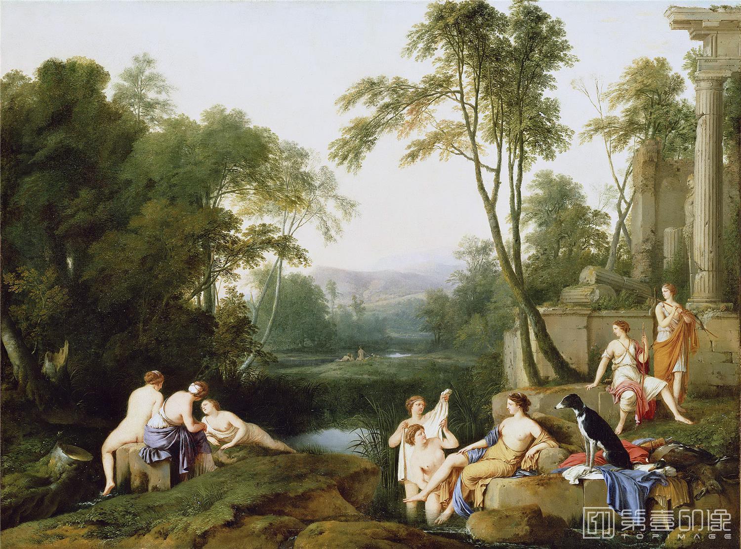 油画-美国洛杉矶保罗盖蒂美术馆-Ла Ир Лорен де (Париж 1606-1656) - Пейзаж с Дианой и нимфами (101х134 см) 1644-167